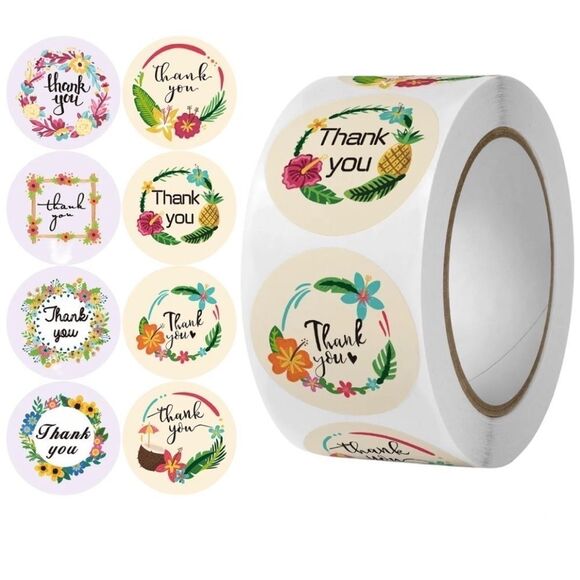 Thank You Stickers, 1" Round Frames Thank You Stickers Roll 8Floral SUPPLIES - Picture 2 of 3